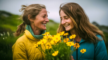 Fototapeta premium Mother and daughter with flowers outdoors in wilderness AI generative, AI, generative