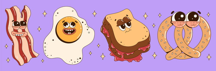 Cute food characters illustration. Funky retro groovy egg, bacon, pretzel, french toast. Contemporary mascots for cafe, restaurant, bar. Vector art.