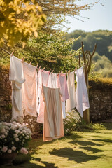 Laundry, housekeeping and homemaking, fresh clean clothes and linen drying outdoors in the garden, country cottage style, generative ai