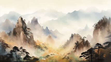 Watercolor landscape of mountains in China. Created using Generative AI technology.