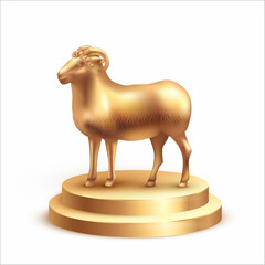 Gold statuette of a sheep on stand isolated on white. Traditional symbol of Eid Al Adha (festival of sacrifice). Vector illustration.