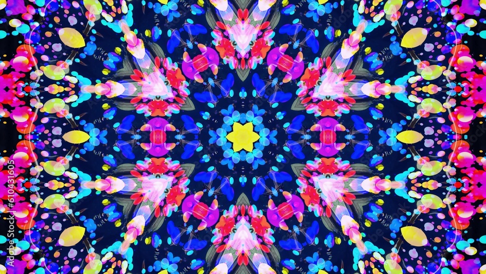 Poster star symmetry. kaleidoscope effect from wavy shiny liquid surface with distorted circles like drops 