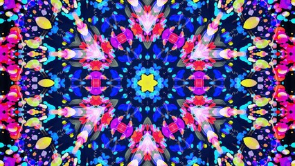 Star symmetry. Kaleidoscope effect from wavy shiny liquid surface with distorted circles like drops of paint in oil. Creative background with multicolor gradient. 3d render