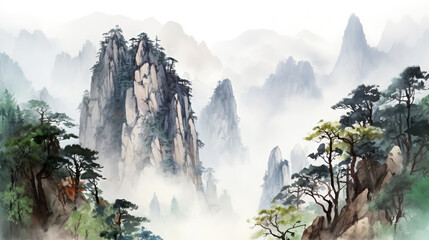 Watercolor landscape of mountains in China. Created using Generative AI technology. © ViktoGraphics