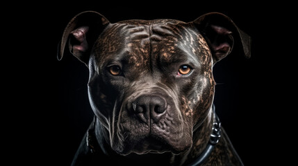 Portrait closeup head shot of Pitbull or American bully, Pit bull looking badass. His piercing gaze he intimidates. Generative Ai.