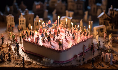Group of Miniature People Celebrating with Pink Cake with Candles. Generative ai