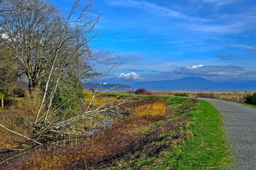 River walks in a rural natural park in Richmond City against a backdrop of a mountain range and a beautiful cloudy sky