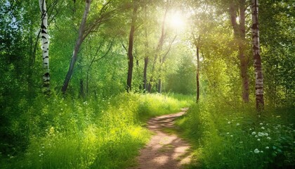 Obraz premium Path footpath in the deciduous forest in spring in the summer in the morning sun. Young lush green trees in the forest