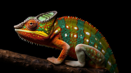closeup view of cute colorful exotic chameleon isolated on green, generative AI tools 

 