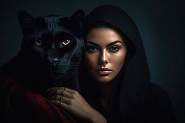 Portrait of a woman with a black panther protecting her. Generative AI.