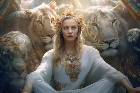 Portrait of a woman with spirit tiger and lionesses protecting her. Generative AI.