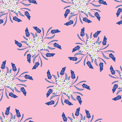 Seamless Floral Pattern Design Featuring White Daisies and Navy Blue Lupines on a Pink Background
