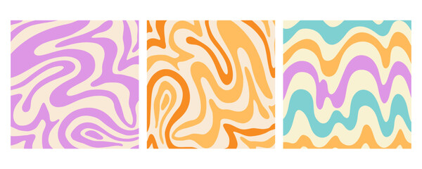 Retro Marble Groovy Background, 70s Wavy Cover Set