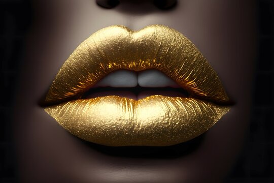 Naklejka woman lips with gold lipstick. Beautiful makeup close-up realistic