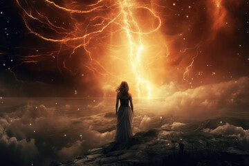 Fototapeta premium Silhouette of a woman in a cloudscape with a bright orange yellow flash of pure energy in front of her. Generative Ai.