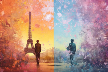 Naklejka na ściany i meble Split image with an Eiffel Tower on the left with a silhouetted person in yellow and orange tones and on the right another silhouetted person with pink and blue tones. Generative Ai.