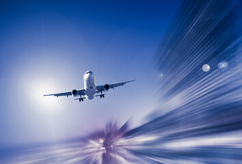 Fototapeta na wymiar Airplane flying with dynamic colorful motion blur abstract background