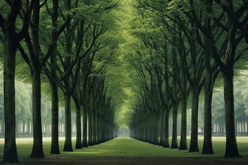A row of trees in a large park. AI generative