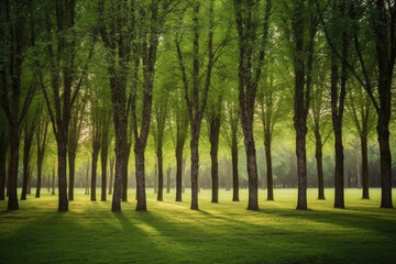 A row of trees in a large park. AI generative