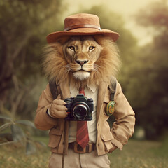 Fototapeta premium Lion holding a camera on photo safari Generative AI artwork 