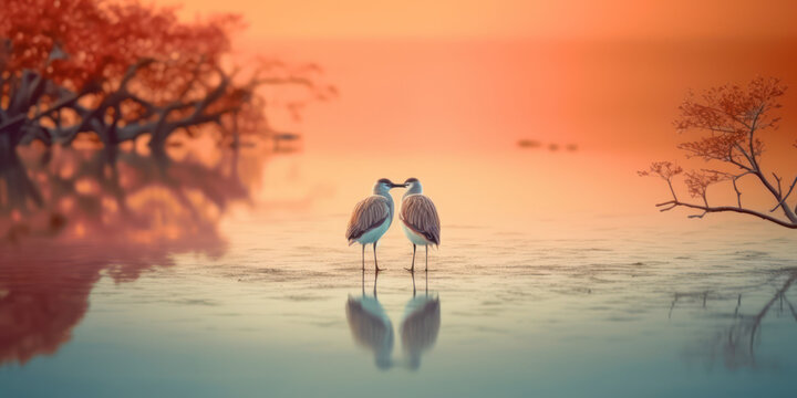 2 birds in a serene landscape in a soulmates in love concept image. Generative Ai.
