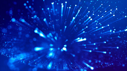 Fototapeta premium Blue light rays like laser show for bright festive presentation. 3d rendering of abstract blue background with glowing particles like micro world science fiction with depth of field and bokeh.