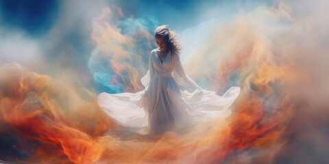 Ethereal image of a woman in a flowing translucent dress in a haze of coloured smoke. Generative Ai