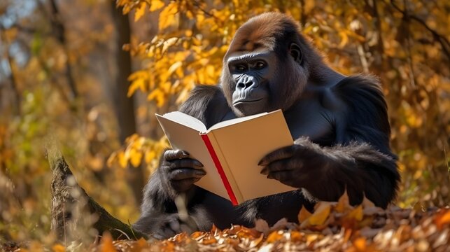 Gorilla siting in an autumn forest reading a book created with Generative AI technology