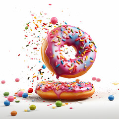 Fresh sweet donuts  with multicolored fruit glaze and sprinkles decorated. Fast sweet food concept, bakery and design elements with glazed frosted falling doughnuts isolated, white background 