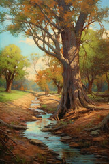 A tree in the creek, in the style of pastoral landscape. AI generative