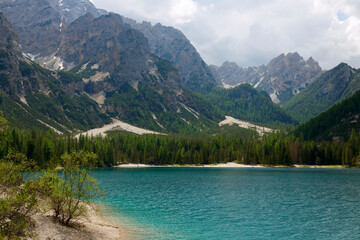 Braies Lake in Dolomites mountains, Sudtirol, Italy. Lake Braies is also known as Lago di Braies.	