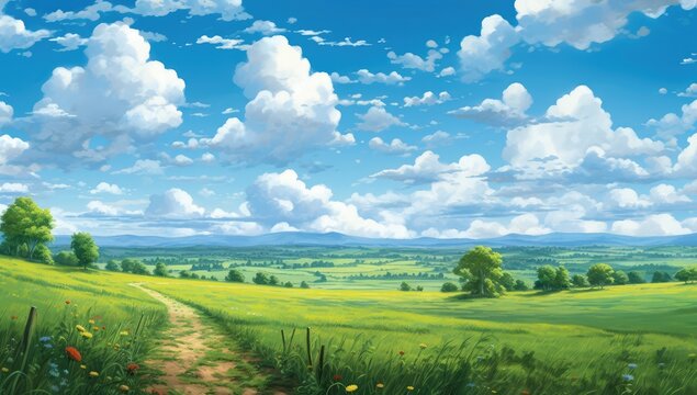 Impression of a field with clouds and blue sky  flat style cartoon painting illustration