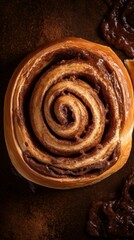 Fototapeta premium Freshly Baked Cinnamon Roll Pastry Photorealistic Vertical Background. Crusty Pastry, Gourmet Bakery. Ai Generated Lifelike Background with Aromatic Traditional Cinnamon Roll Pastry. Generative AI