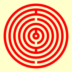 Red stylized circles on yellow background. Symmetric geometric repeating rounds abstract. Interior decorative board. Circular surface pattern design. Rings spheres borders wallpaper. Vector