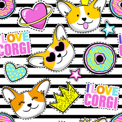 Fashion patch badges in sketch comics style. Abstract seamless pattern. Cool stickers on colorful background with corgi