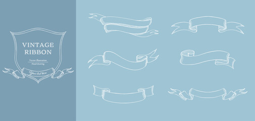 White line vintage ribbon banner vector set. Hand drawn line art.