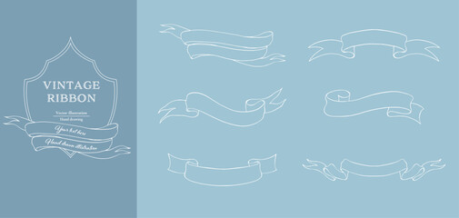 White line vintage ribbon banner vector set. Hand drawn line art.