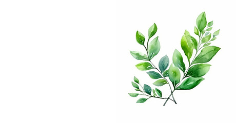 Green branch on a white background. Watercolor illustration with space for text. Botanic background for for cover, gift paper, textile. Generative AI