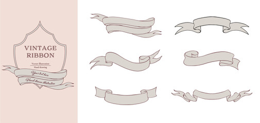 Vintage ribbon banner vector set. Hand drawn line art.