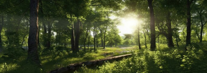 Fototapeta na wymiar Bright sun shining through green trees in the forest
