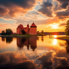 Fototapeta premium Trakai_Island_Castle_on_sunset 