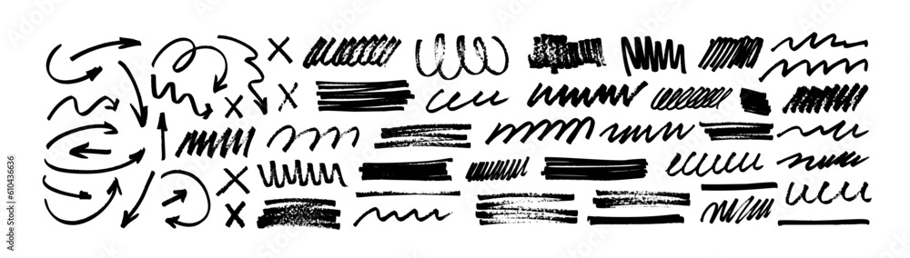 Poster marker drawn arrows, swirls and scribbled shapes. hand drawn doodle dividers, rectangle brush stroke