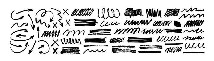 Marker drawn arrows, swirls and scribbled shapes. Hand drawn doodle dividers, rectangle brush strokes, underline markers collection. Abstract doodle writing design, vector squiggles and black arrows. - obrazy, fototapety, plakaty