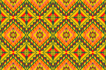 Traditional geometric seamless pattern design. Green, red, yellow. For backgrounds, rugs, wallpaper, clothes, wraps, batik, fabrics. Embroidery vector illustration.