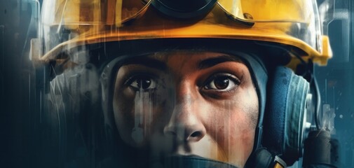 Fototapeta premium Industrial engineer in a yellow protective helmet. Illustration AI Generative.