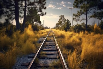 Fototapeta premium Railroad tracks in a forest landscape. Illustration AI Generative