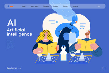 Artificial intelligence, Waiter -modern flat vector concept illustration of waiter AI taking order, giving advice on choosing in restaurant. Metaphor of AI advantage, superiority and dominance concept