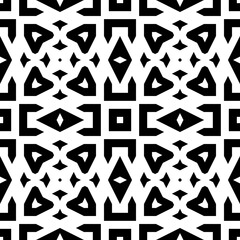Fototapeta premium Black symmetric figures on white background. Repeating different shapes abstract. Seamless surface pattern design. Ancient motif. Digital paper for page fills, web design, textile print. Vector art