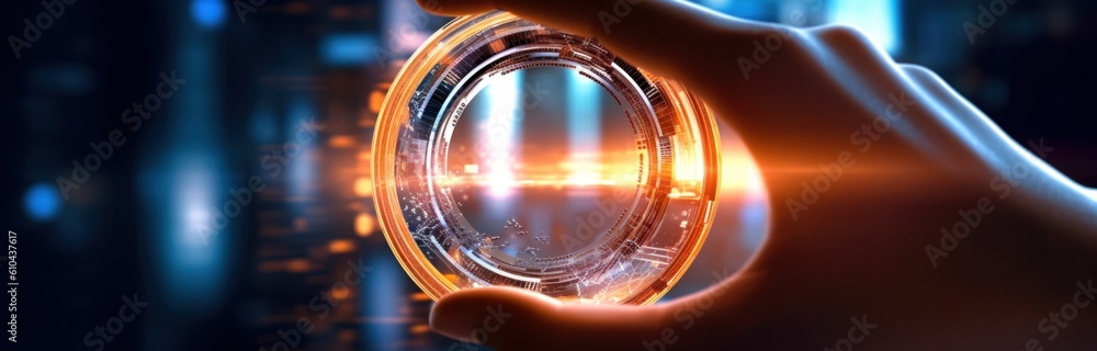 Poster hands holding a light bulb and technology background digital content. illustration ai generative.