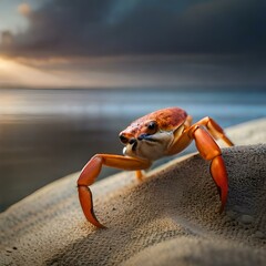 Fototapeta na wymiar Close up image of a crab on a beach. (AI-generated fictional illustration) 